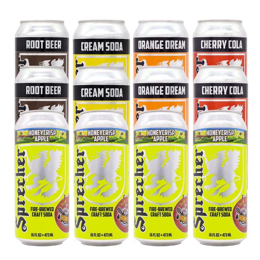 4 16oz cans of Sprecher Fire-Brewed Honeycrisp apple soda in the foreground and 2 of each 16oz cans of Sprecher Fire-Brewed Craft Root Beer, Cream Soda, Orange Dream, and Cherry Cola