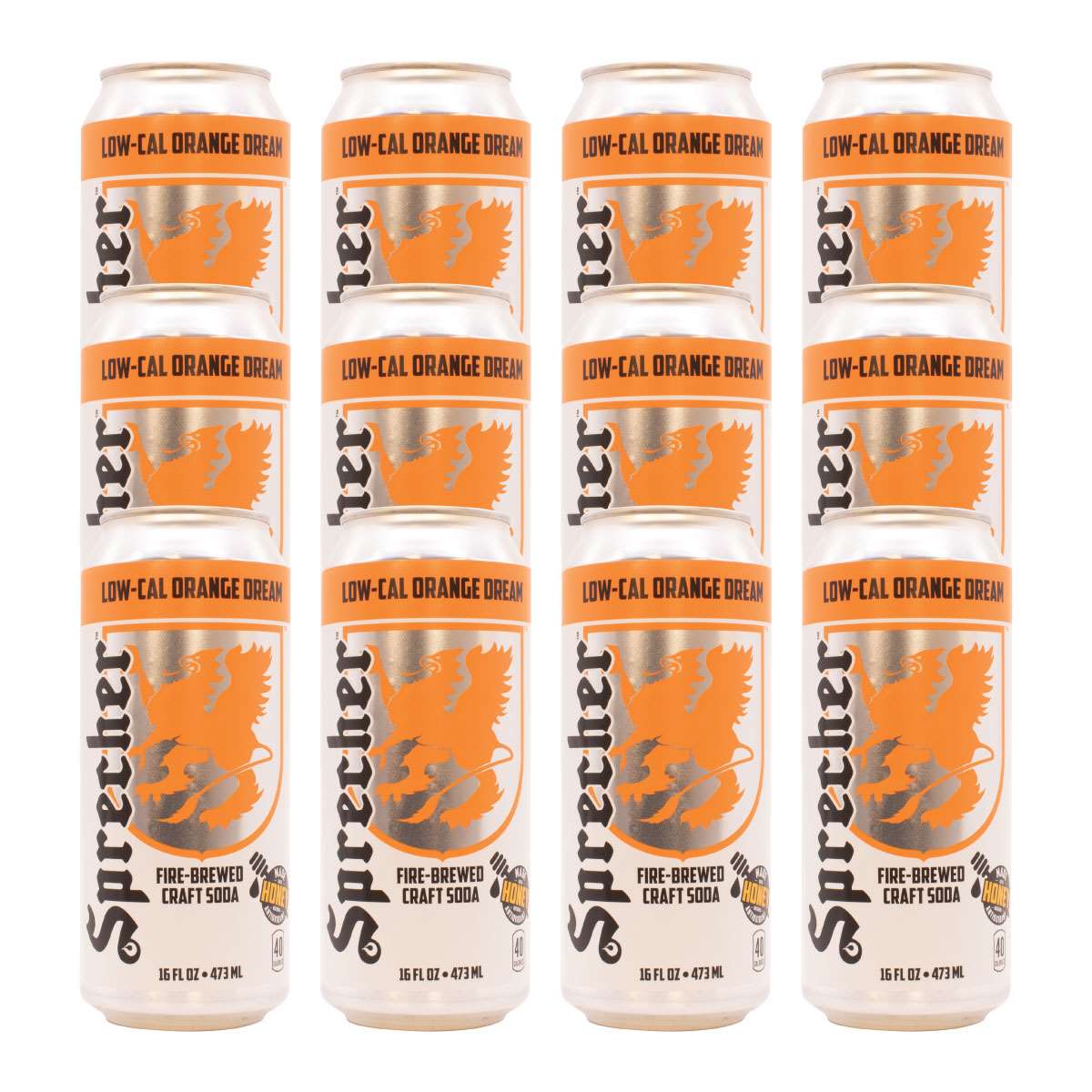 12 16oz cans of Sprecher fire-brewed low-cal orange dream soda