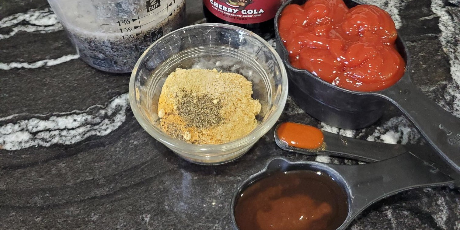 Cherry Cola BBQ Sauce Ingredients on a countertop