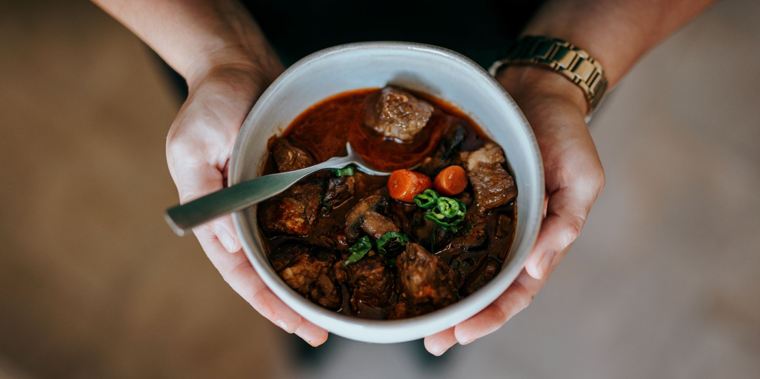 A bowl of black Bavarian stew with chunks of meat, carrots, and green onion slices