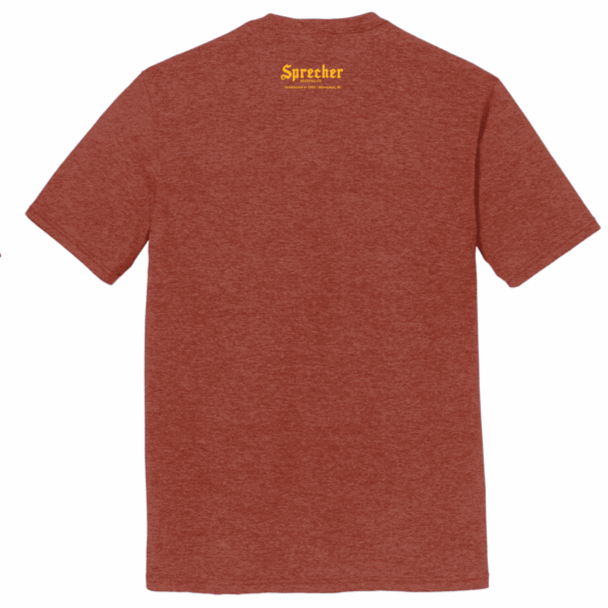 Burgundy Tap Handle T-Shirt back, small sprecher logo on upper mid-back