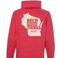 Back of a red cowl neck sweater with a yellow outline of the state of wisconsin with an inset brew good things and sprecher logo