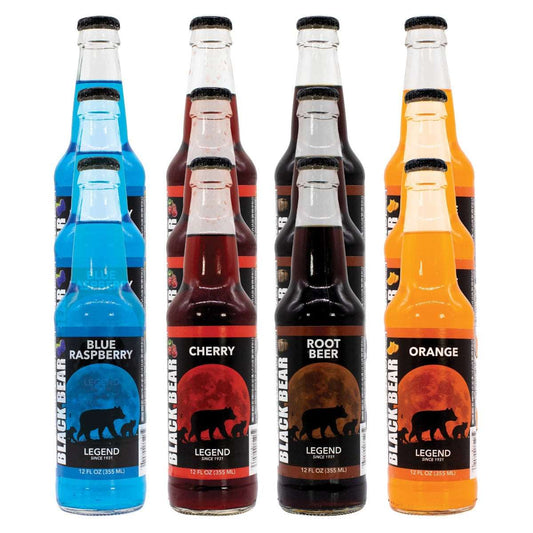 3 of each bottles of blue raspberry, cherry, root beer, and orange black bear soda bottles