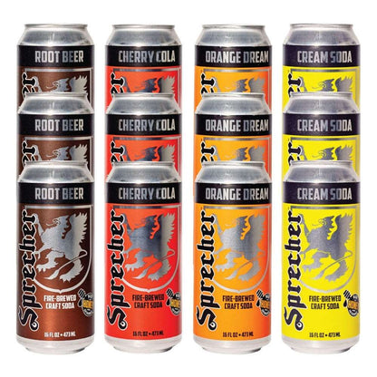 From left to right, columns of 3 16oz cans of Sprecher Root Beer, Cherry Cola, Orange Dream, and Cream Soda
