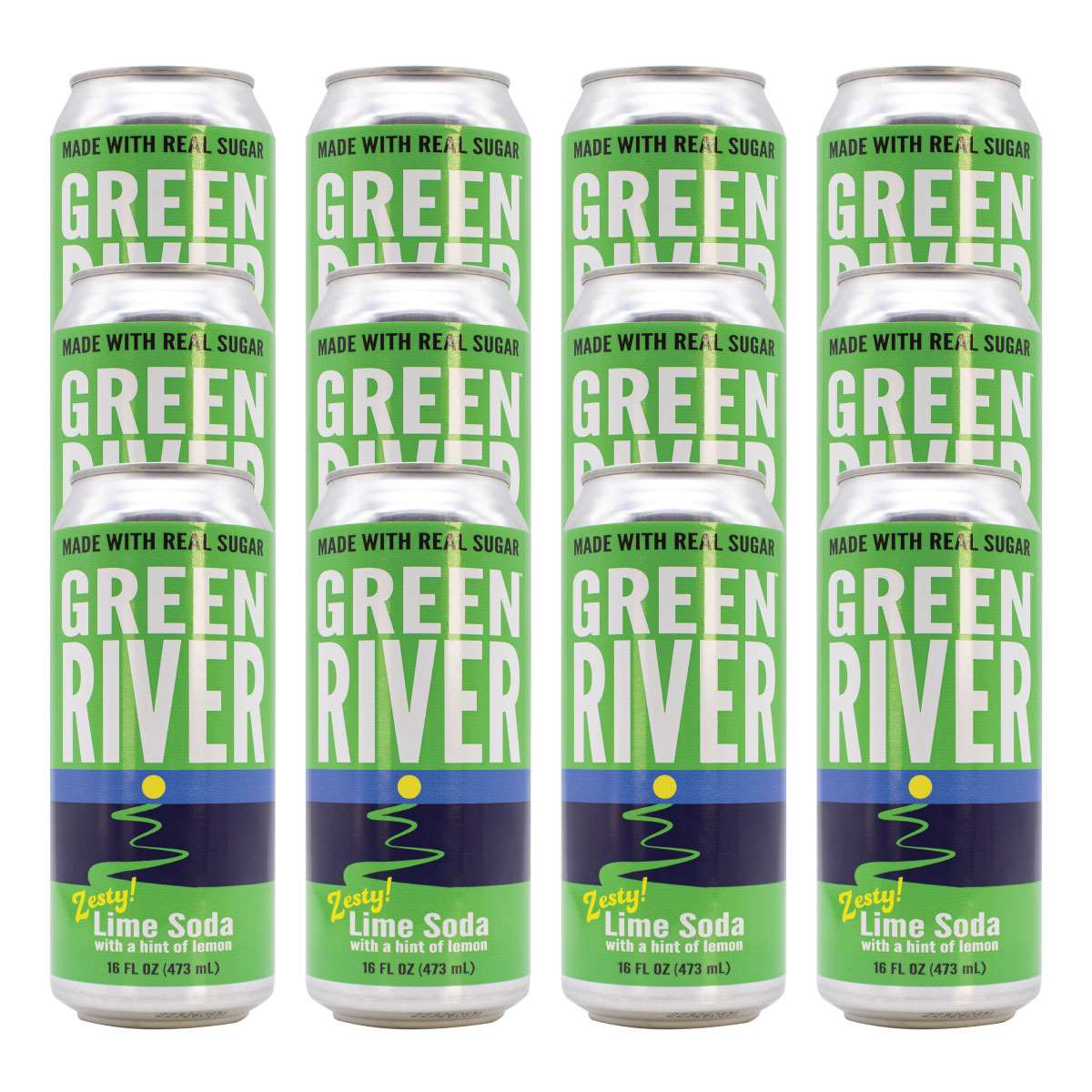 12 green river cans on a white background