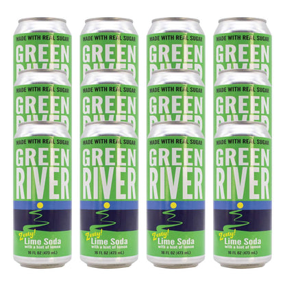 12 green river cans on a white background