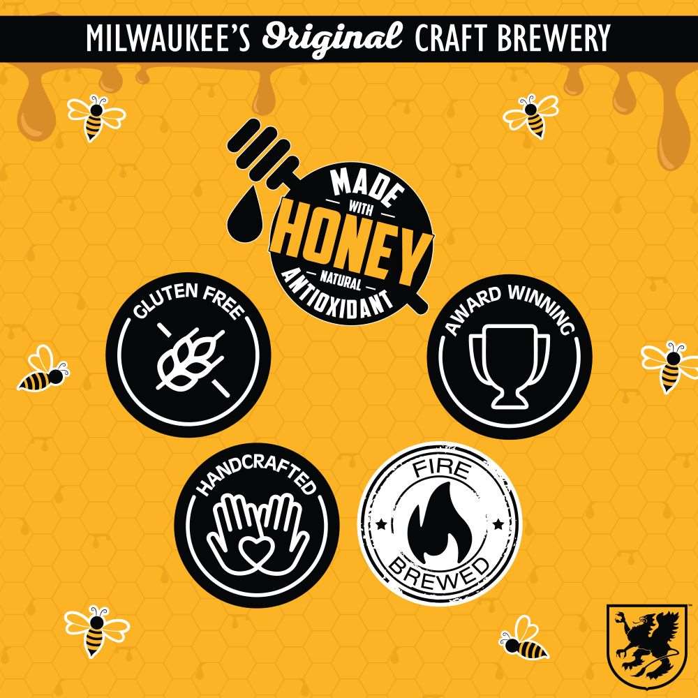 Icons reading clockwise: Made with Honey, Award Winning, Fire Brewed, Handcrafted, Gluten Free
