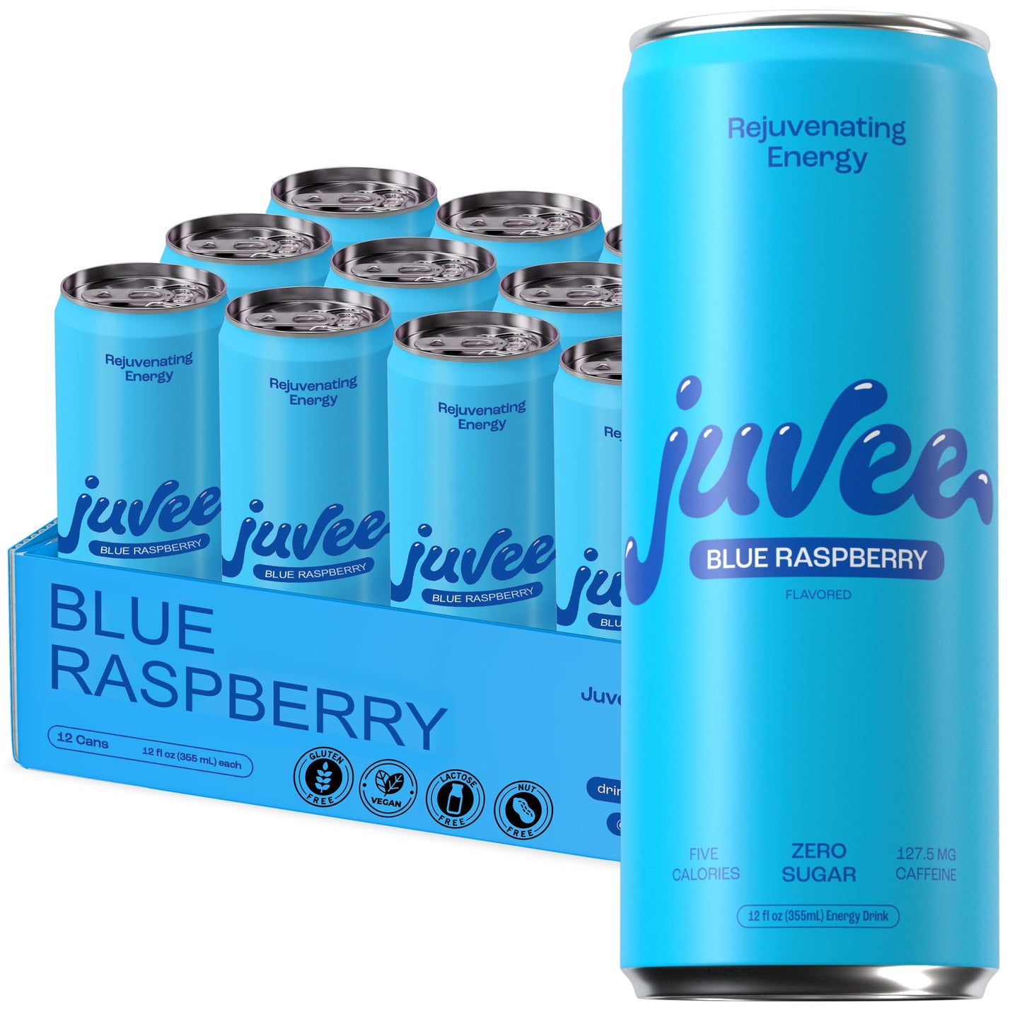 Juvee Blue Raspberry energy drink cans with packaging on a white background