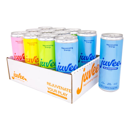 Assorted cans of juvee energy drinks in a box on a white background