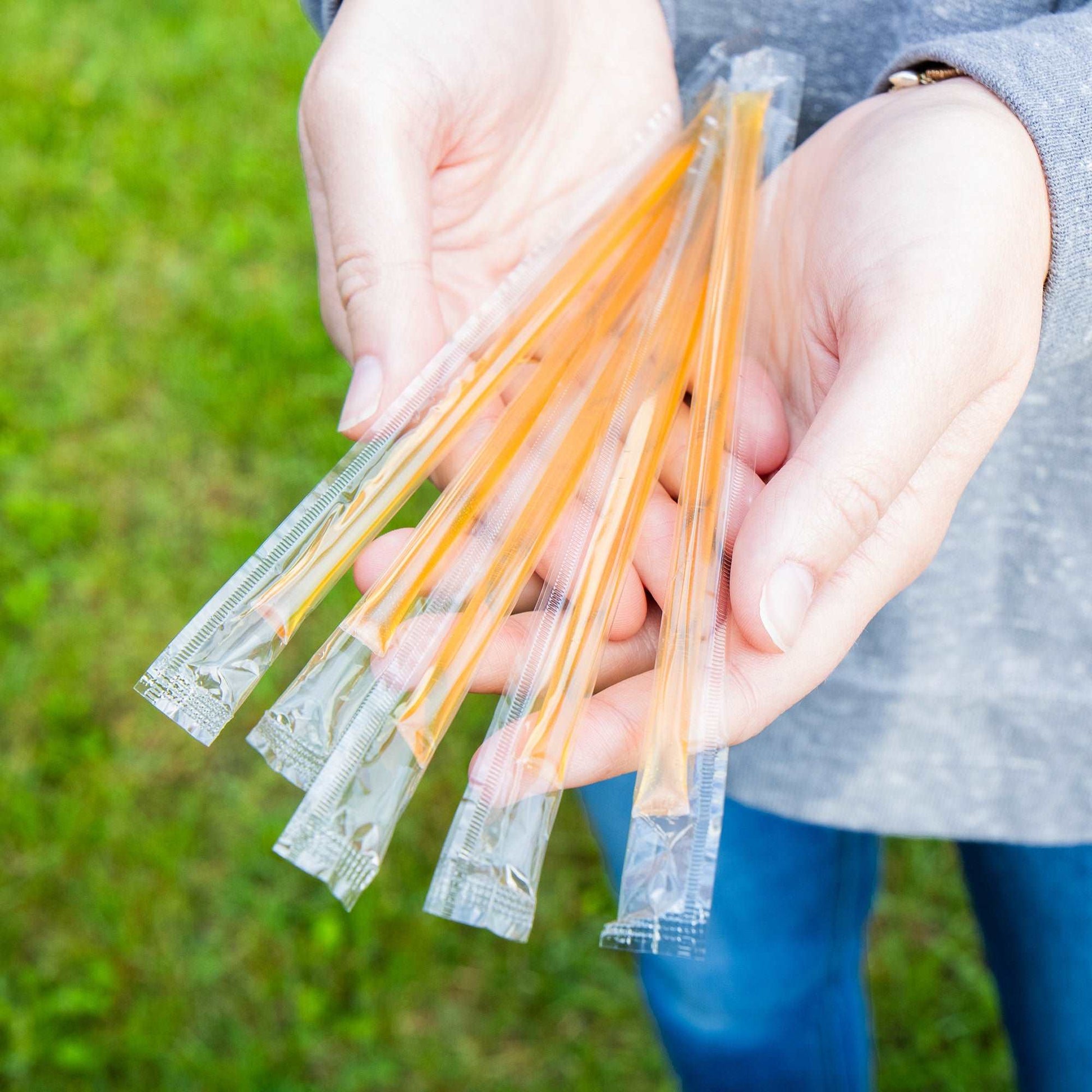 Five individually-wrapped honey sticks from Kallas Honey Farms held in outstretched hands against a grassy green background