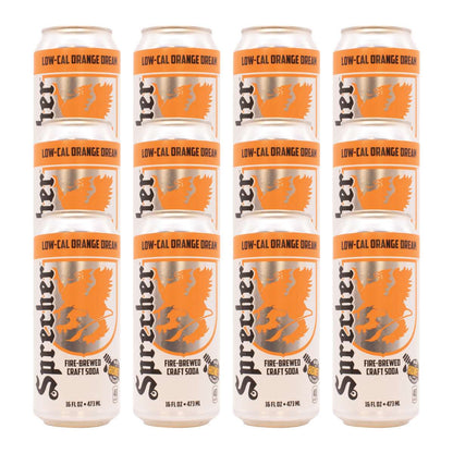 12 16oz cans of Sprecher fire-brewed low-cal orange dream soda