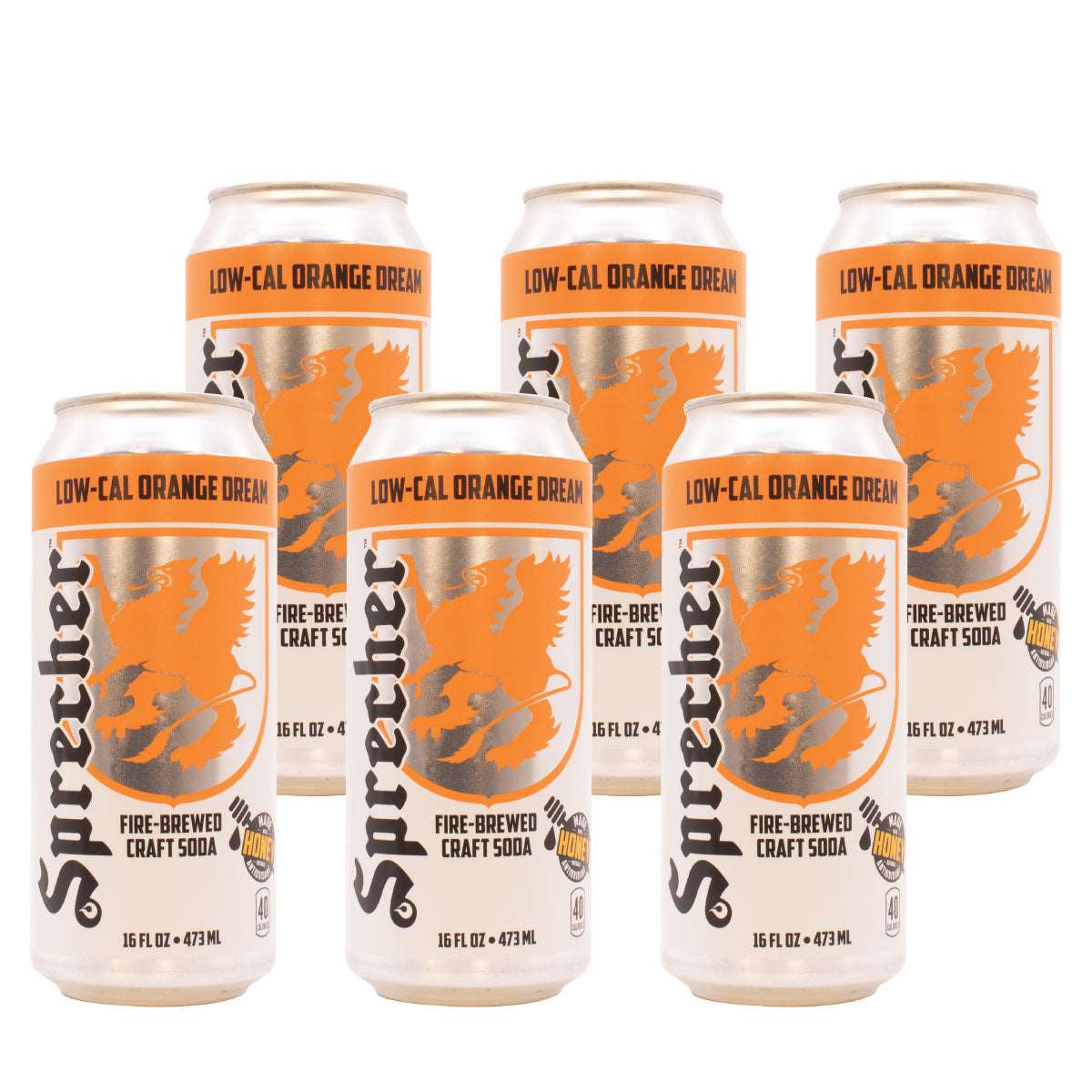 6 16oz cans of Sprecher fire-brewed low-cal orange dream soda