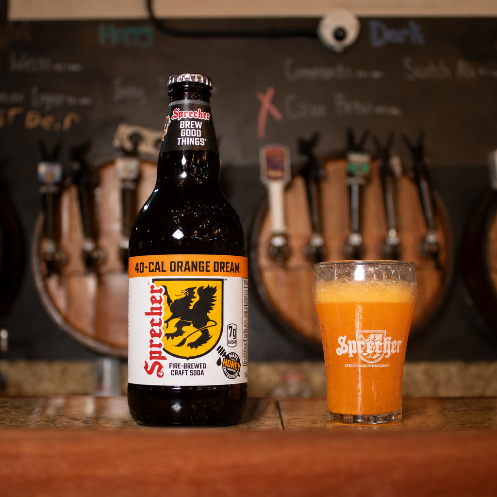 Sprecher low cal orange dream bottle and glass on a bar counter with beer taps in the background