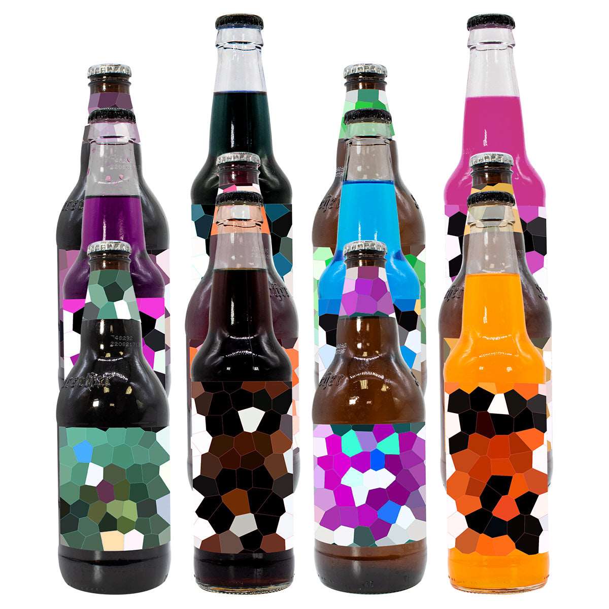 An assortment of 12 and 16oz bottles of Sprecher soda with blurred labels