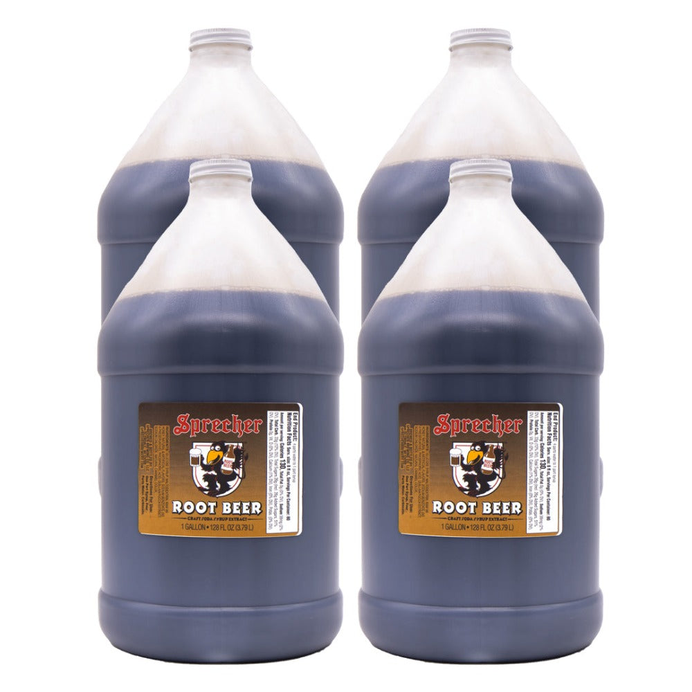 Four one-gallon Jugs of Root Beer Extract on a white background