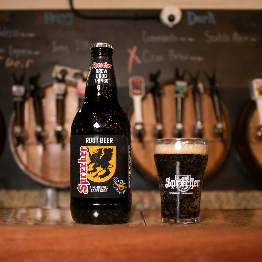 Sparks Root Beer bottle and glass on a bar with beer taps in the background