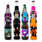 Set of colorful beer bottles with abstract patterns on a white background
