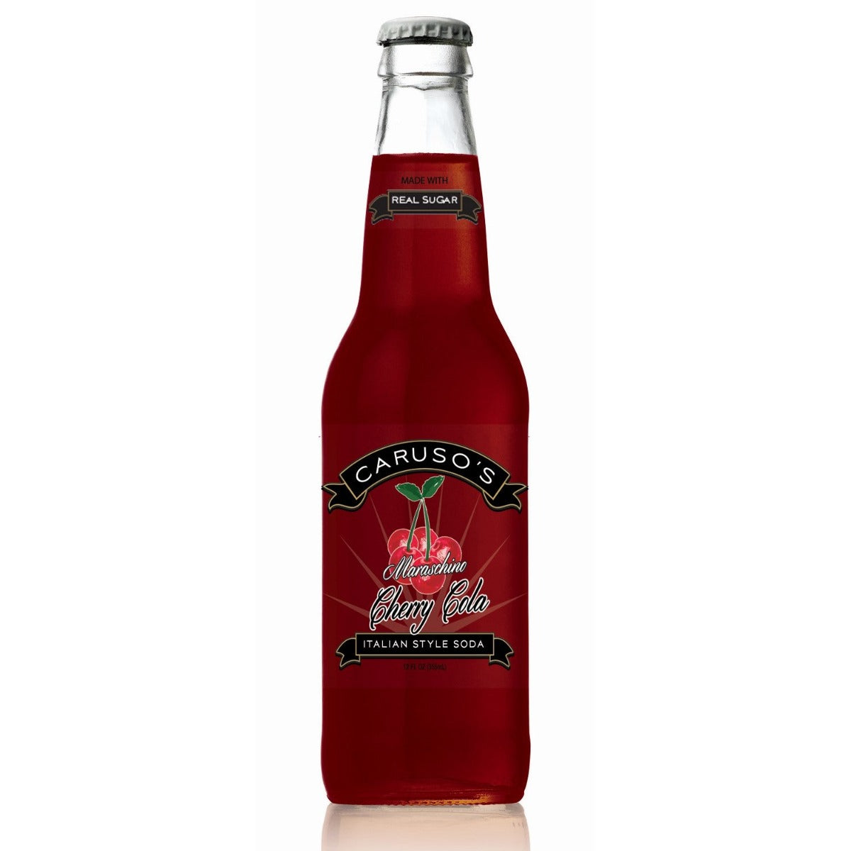 12oz bottle of Caruso's Maraschino Cherry Cola