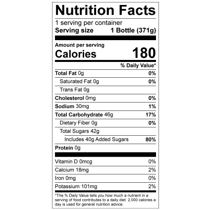 Image of Raspberry Lemonade Nutrition Facts. Text version can be found elsewhere on page.