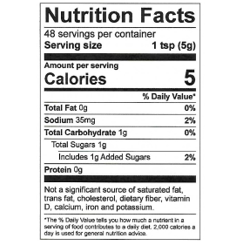 Image of Root Beer Mustard Nutrition Facts. Text version found elsewhere on page.