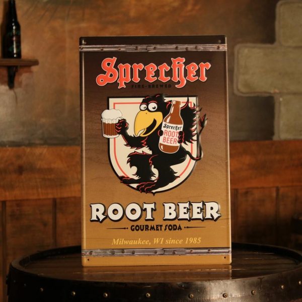 Sprecher Root Beer Logo Metal Poster on a Barrel